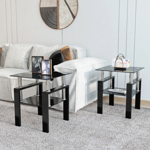 Set of 2 Modern Tempered Glass Tea Coffee End Tables Black