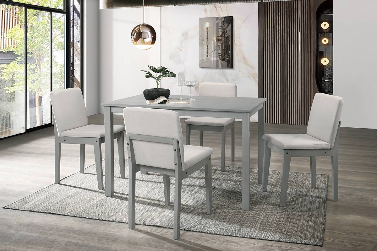 Grey Finish 5 Piece Dining Set With Table And Beige Chairs