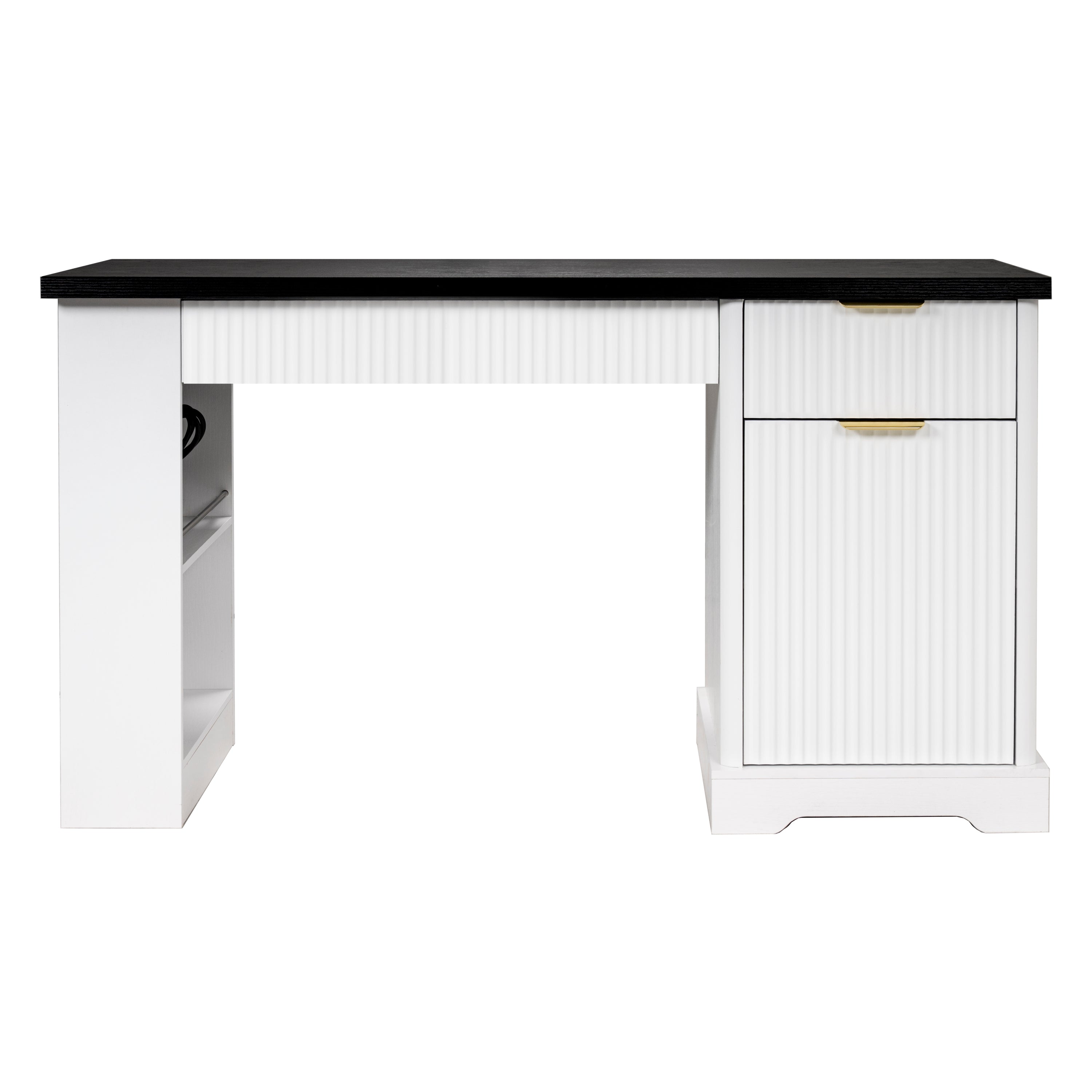 White Atelier Fluted Office Desk by Anthony & Home with storage cabinet, pegboard, and keyboard tray, 55-inch modern workspace solution.