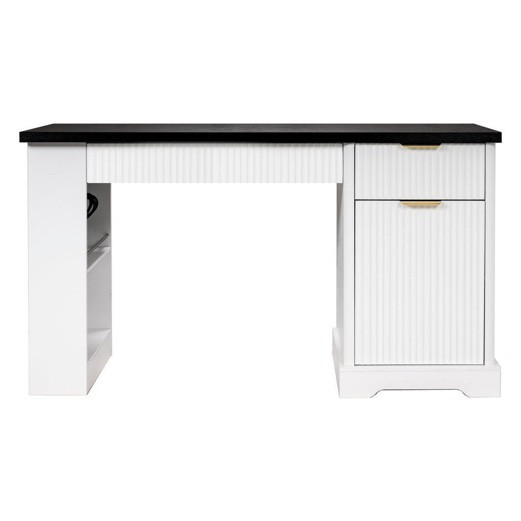 White Atelier Fluted Office Desk by Anthony & Home with storage cabinet, pegboard, and keyboard tray, 55-inch modern workspace solution.