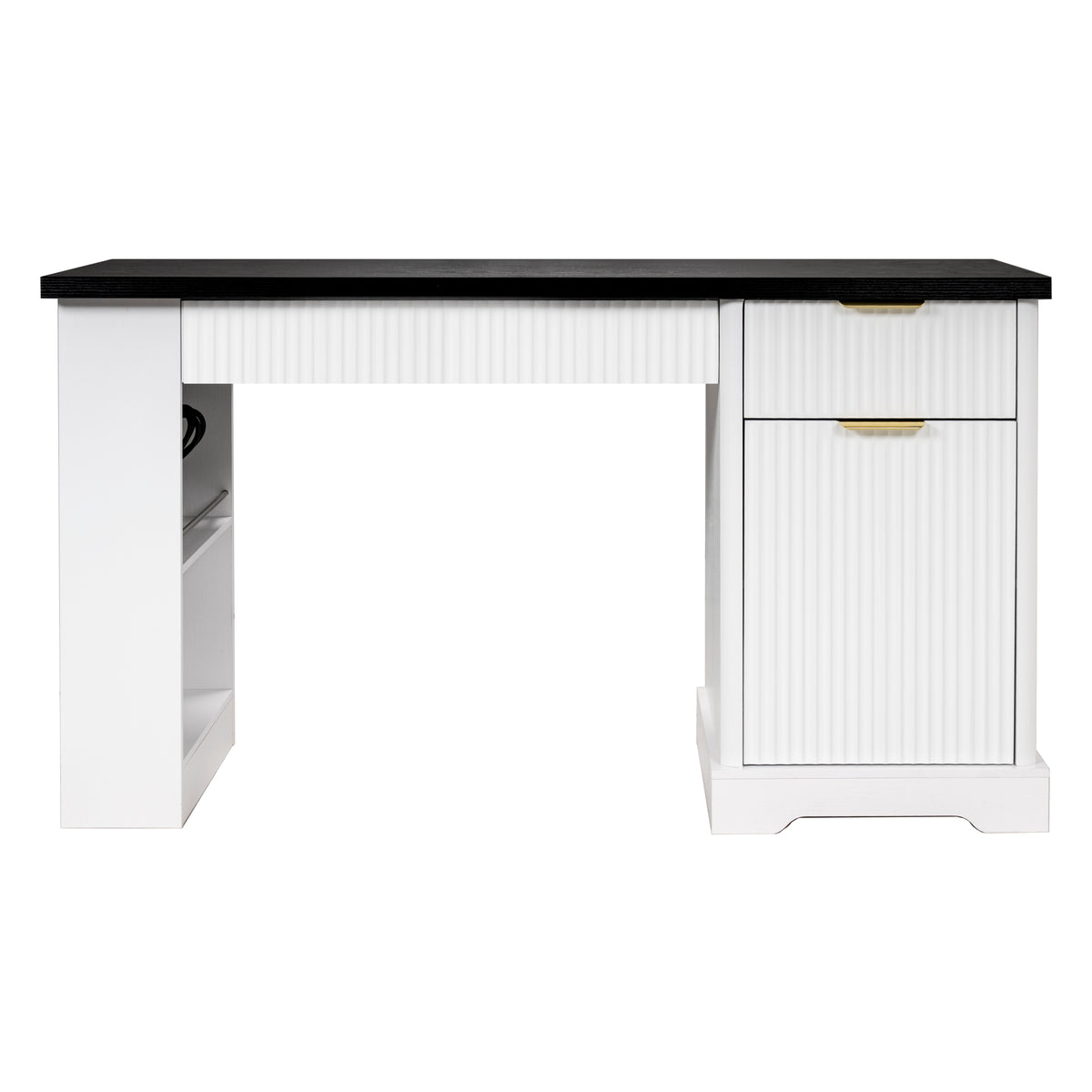 White Atelier Fluted Office Desk by Anthony & Home with storage cabinet, pegboard, and keyboard tray, 55-inch modern workspace solution.