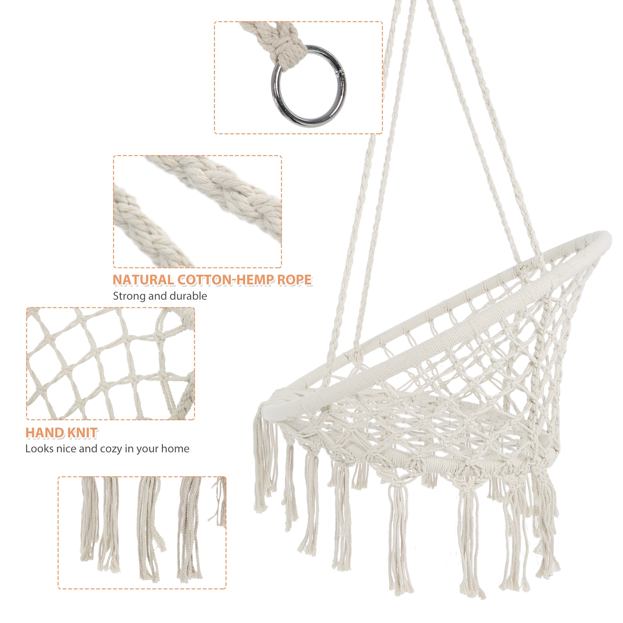 Anthony & Home Atelier macrame hammock chair made of luxe cotton rope, suitable for indoor and outdoor use, 330 lb capacity.