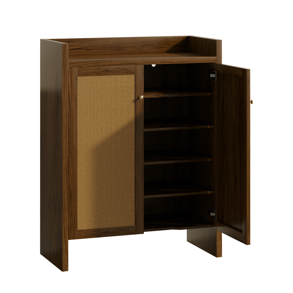Walnut finish Anthony & Home 6-tier shoe cabinet with freestanding design, perfect for entryway organization and storage.