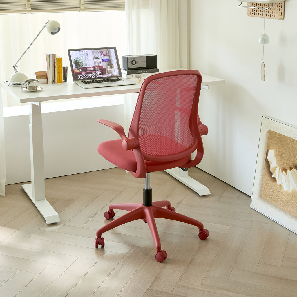 Red ergonomic mesh office chair with integrated molded foam cushion from Anthony & Home's Atelier Collection, designed for comfort and support.