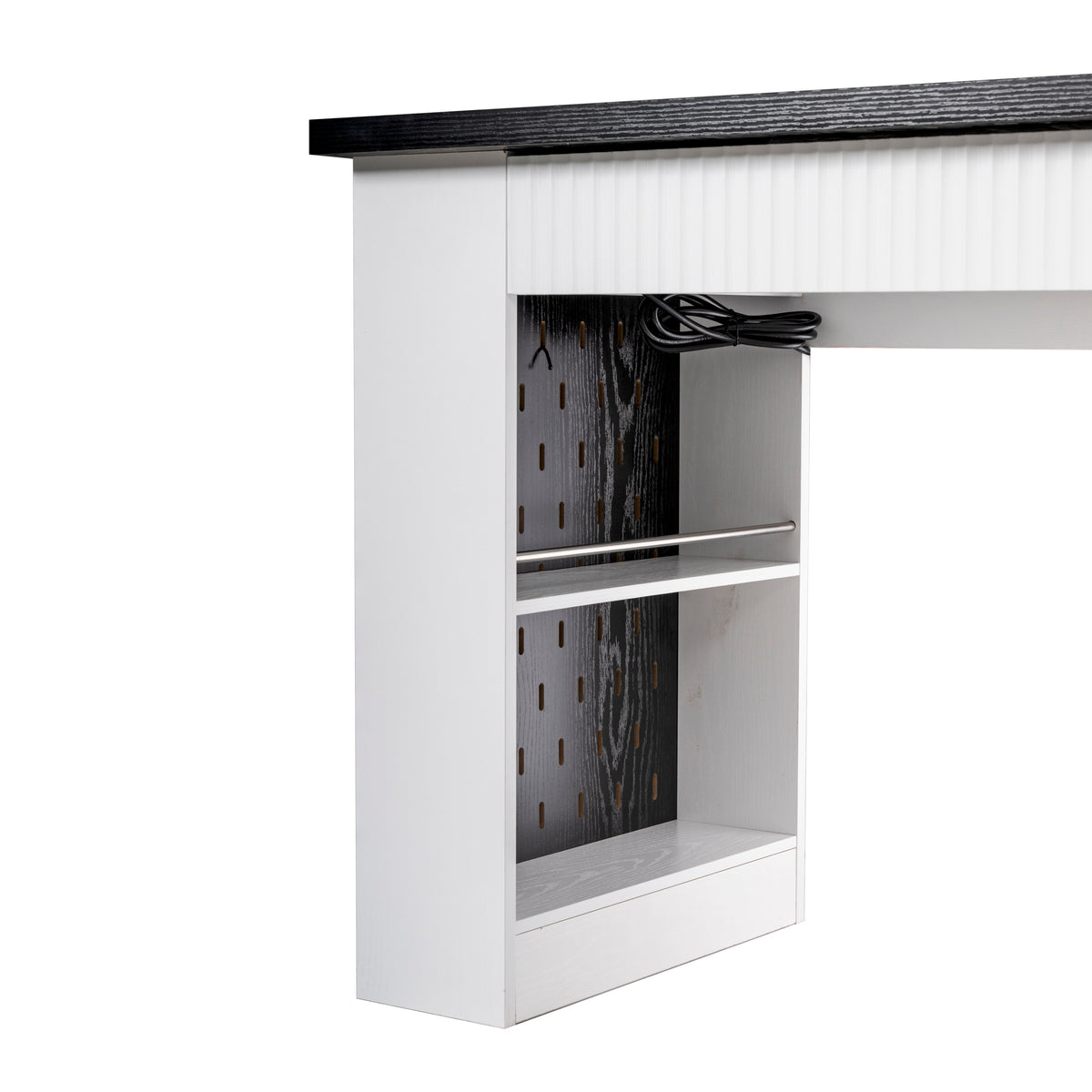 Anthony & Home Atelier fluted white office desk with storage cabinet, pegboard, and keyboard tray, 55-inch size.