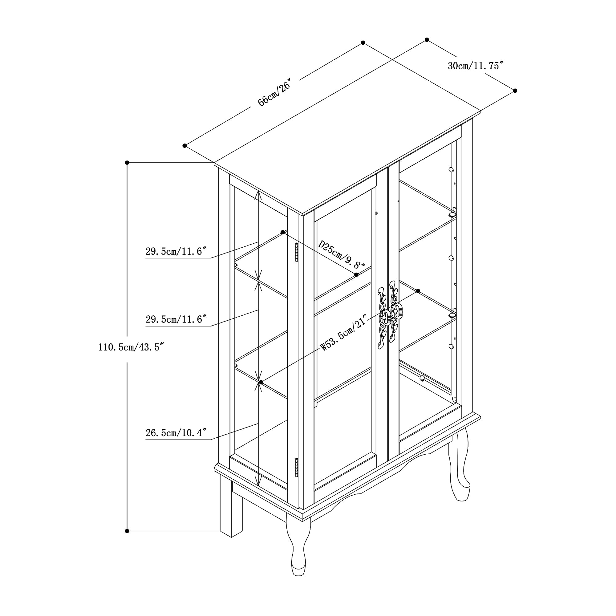 Oak finish lighted curio cabinet with mirrored back by Anthony & Home, showcasing glass shelves and elegant display space.