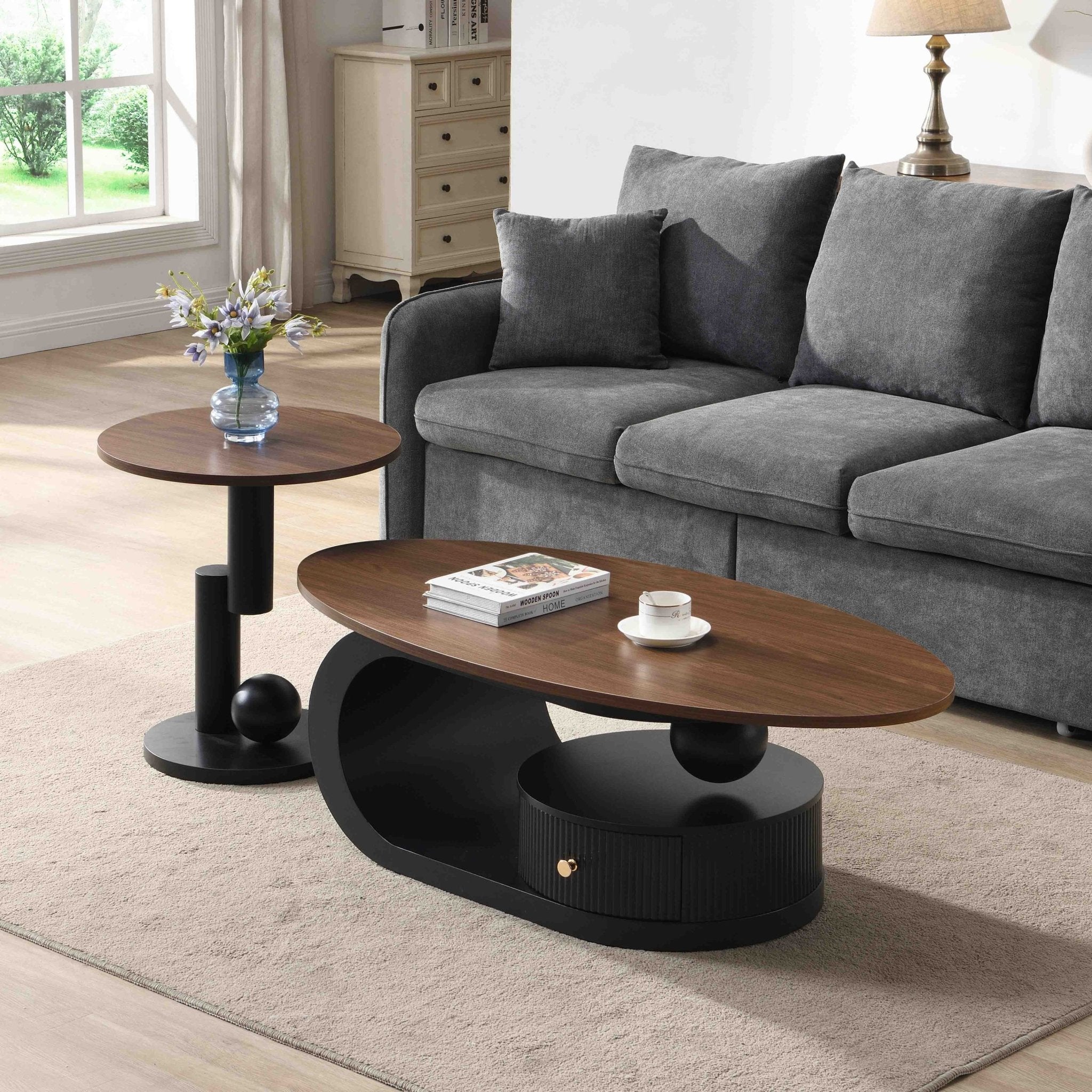Anthony & Home nesting coffee tables set with black iron frames and natural wood tops, two-piece modern accent tables