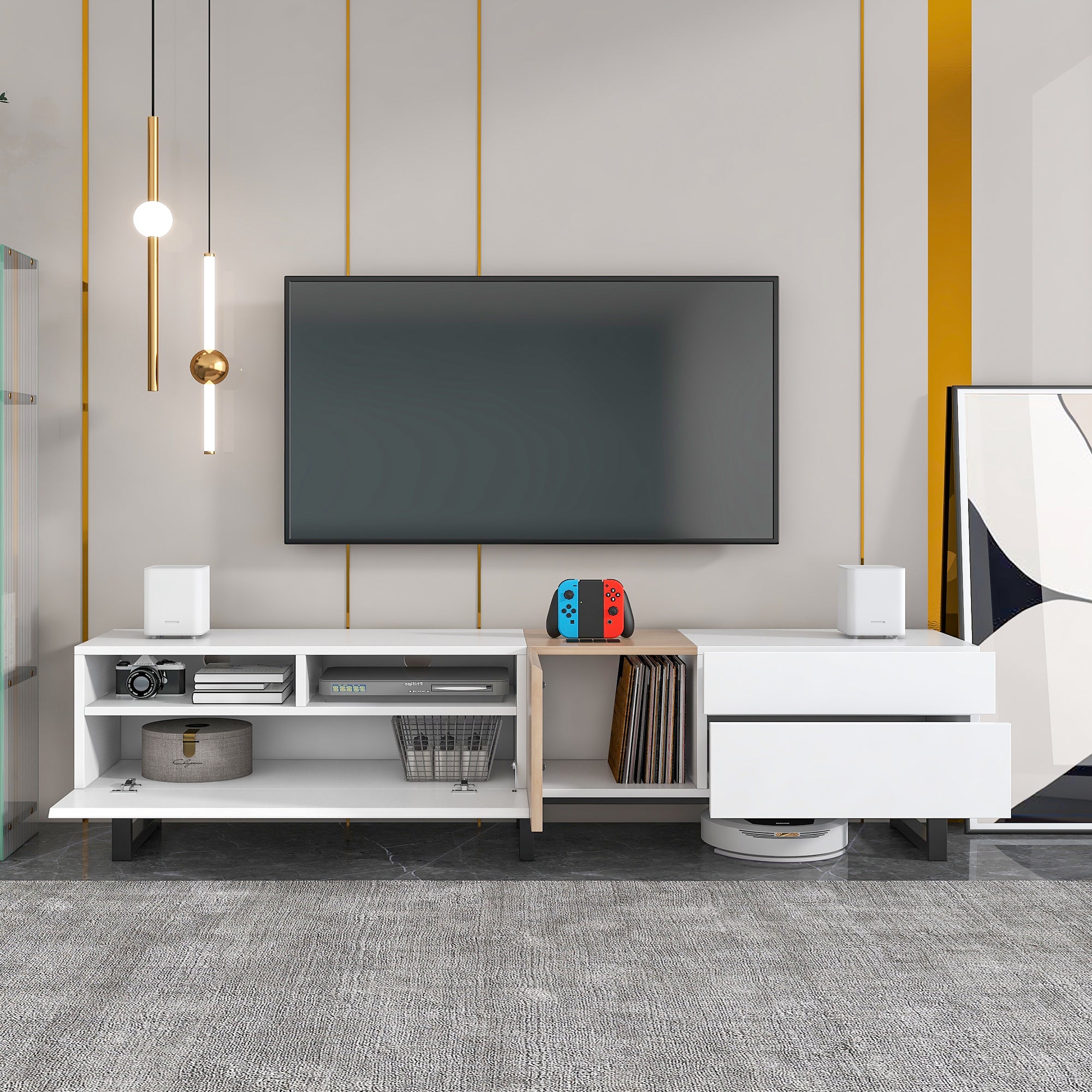 Anthony & Home Atelier TV stand for 70–80 inch TVs with drop-down door, modern wood TV console with storage compartments.