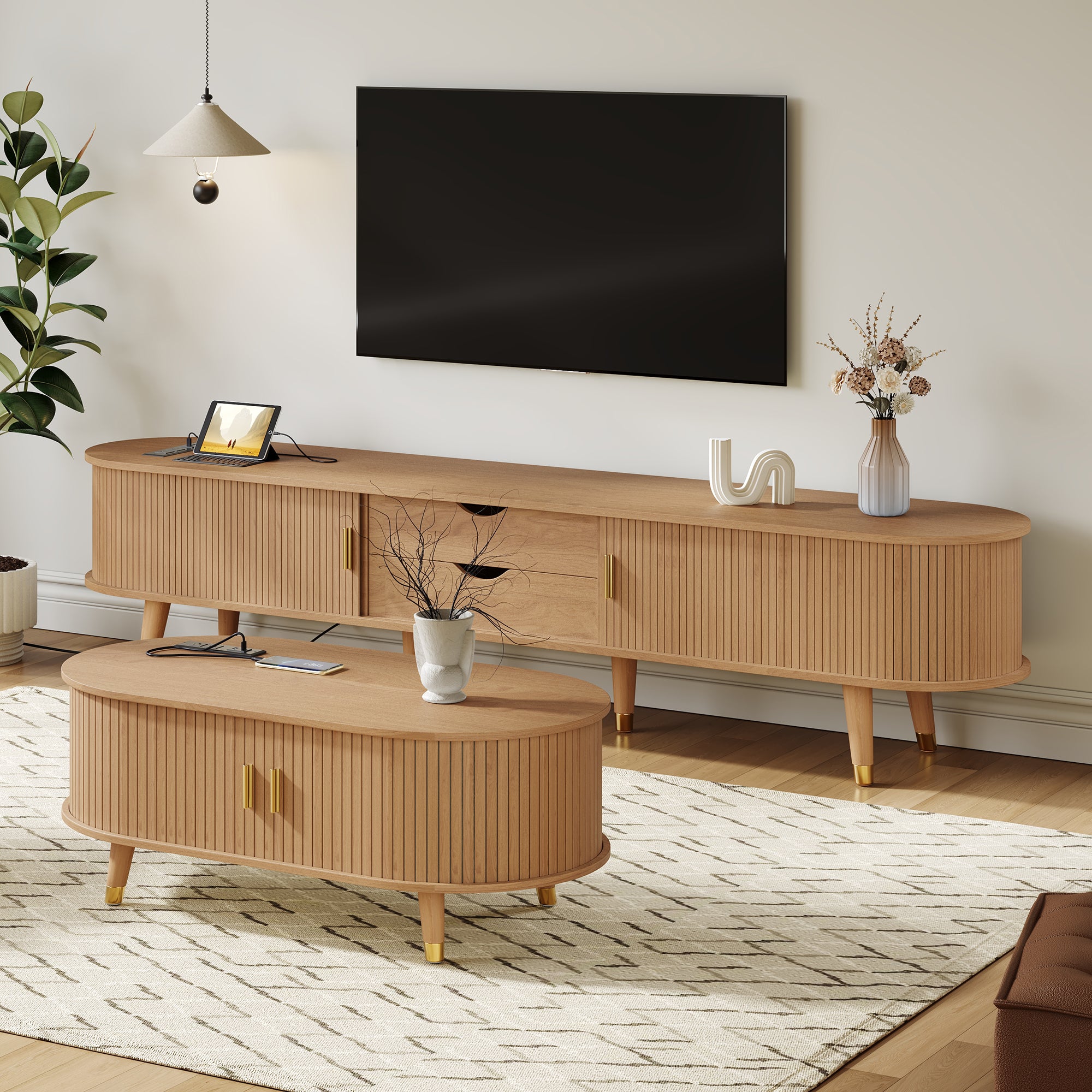 Anthony & Home Teak Veneer Mid-Century Media Console with sliding doors from the Atelier Collection, showcasing sleek wood finish and modern design.