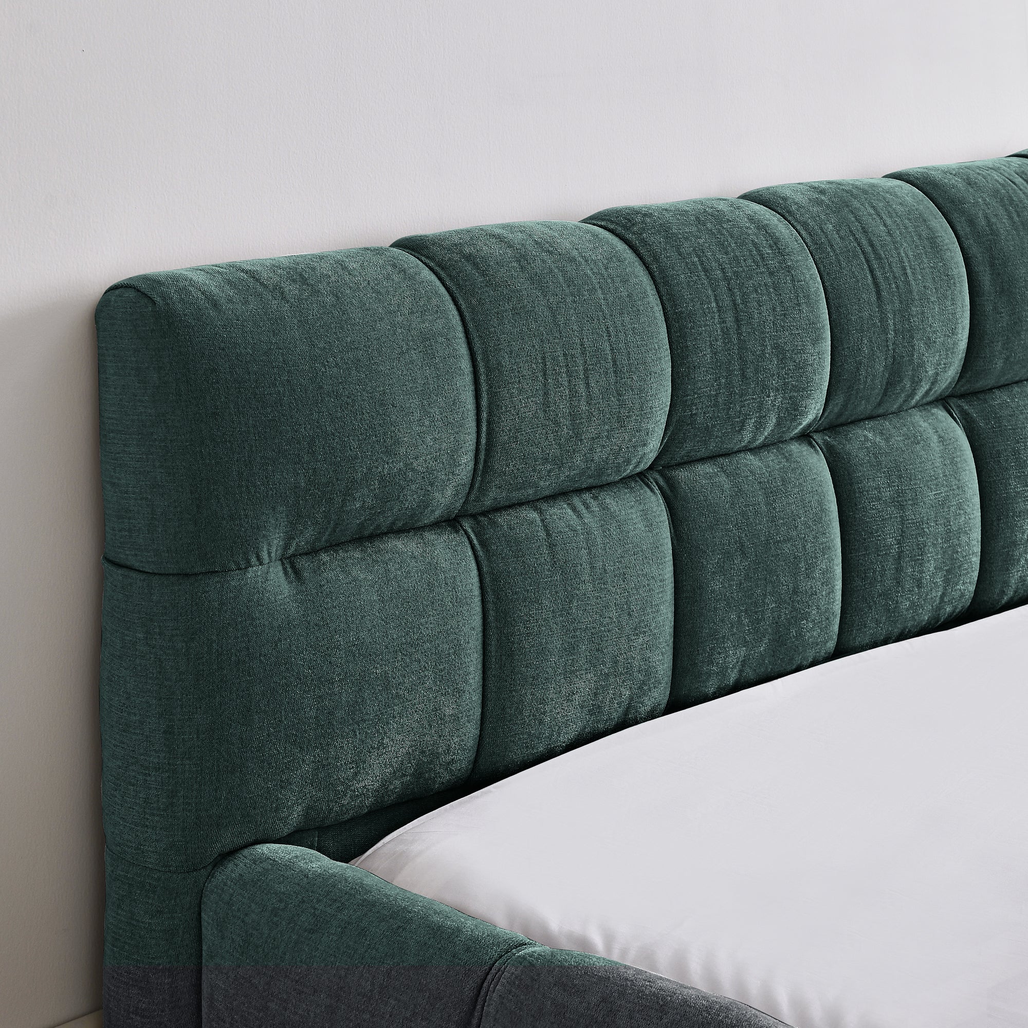 Anthony & Home Limited Chenille Collection Queen upholstered bed frame with headboard, featuring plush fabric and elegant design.