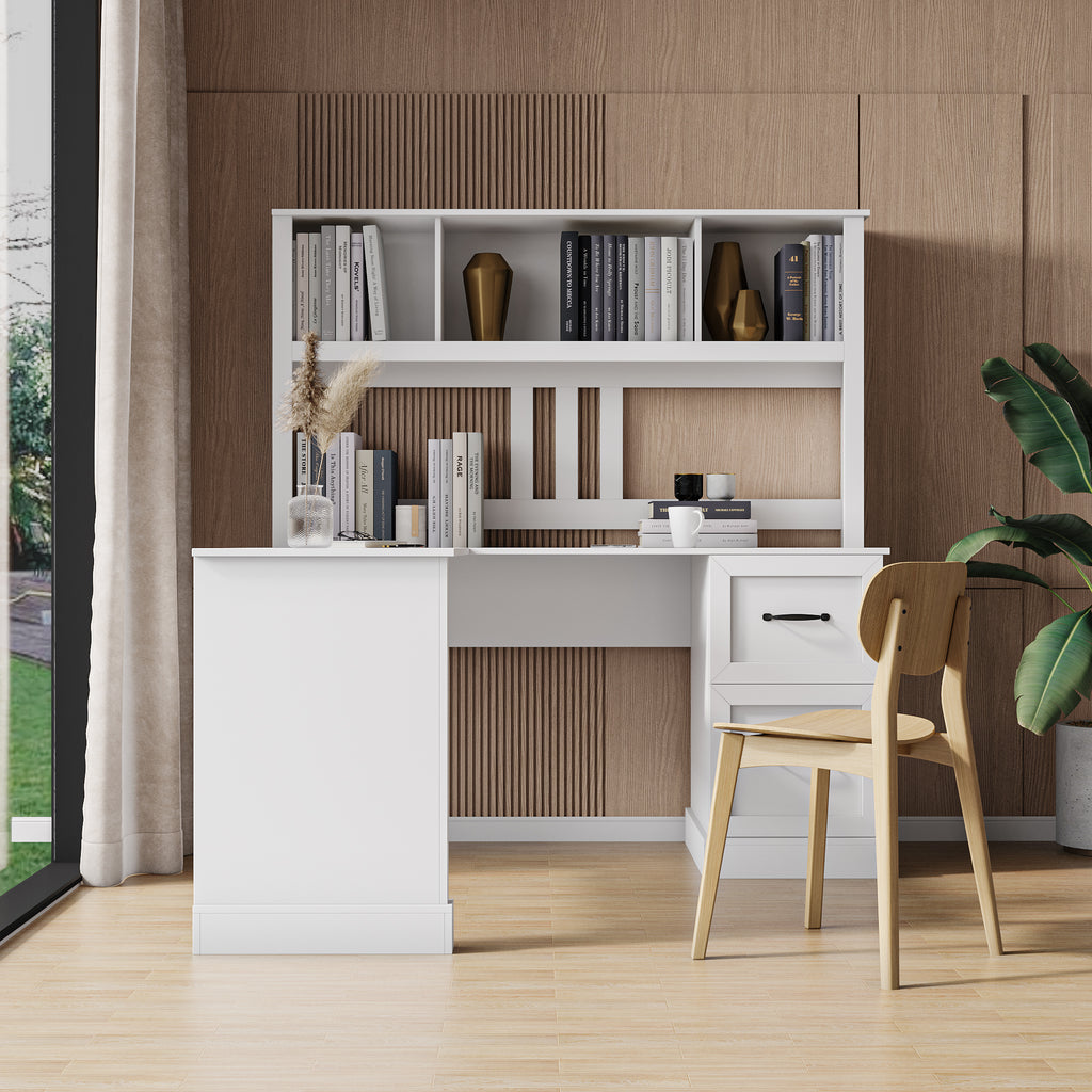 Antiqued white desk with hutch from Anthony & Home featuring a classic, vintage-style design and multiple storage compartments.