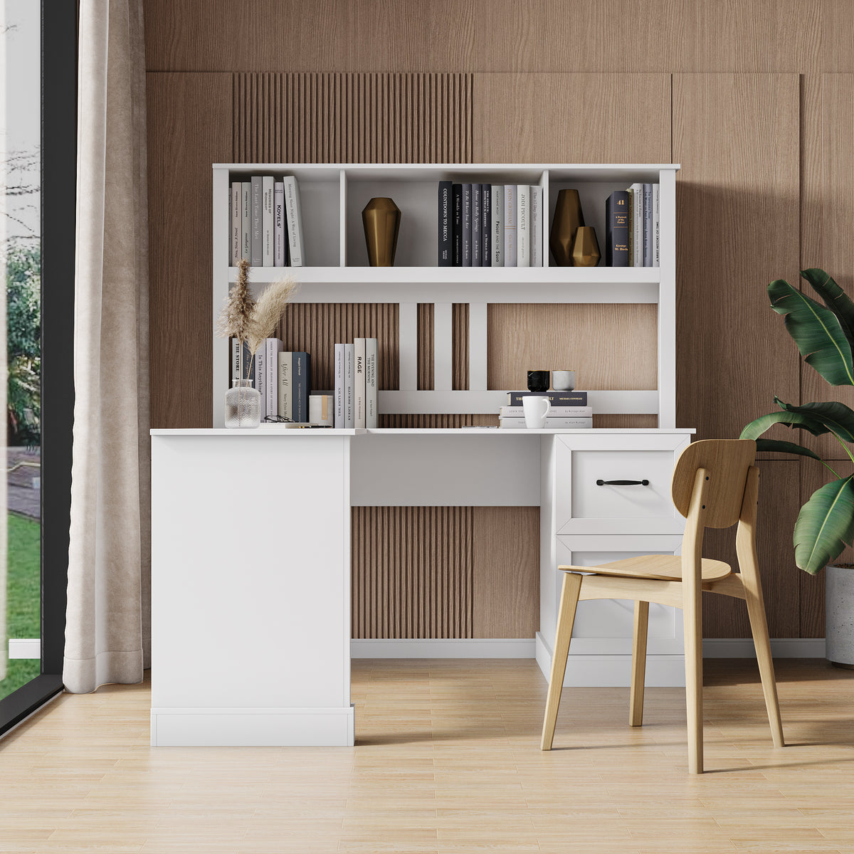 Antiqued white desk with hutch from Anthony & Home featuring a classic, vintage-style design and multiple storage compartments.