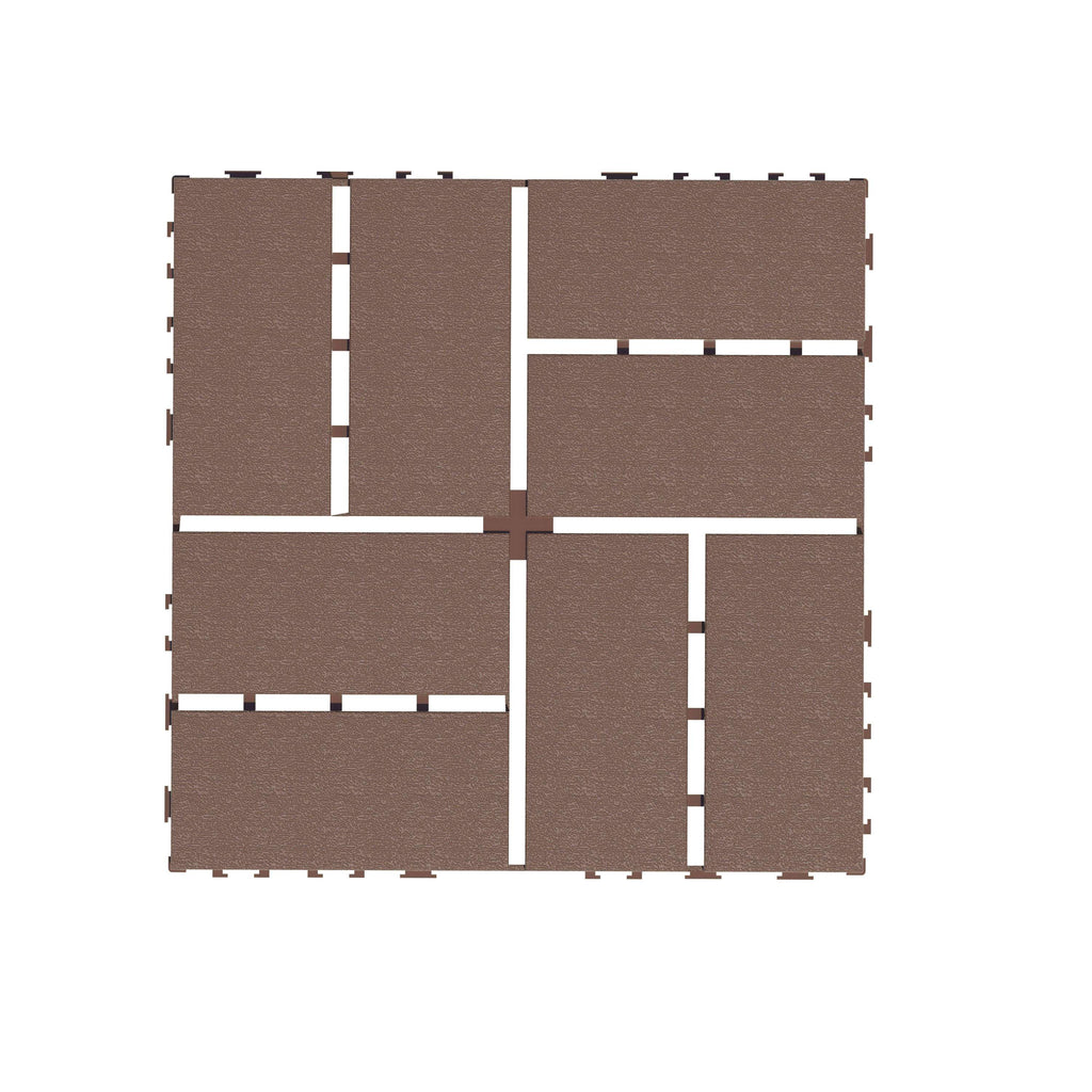 Brown polypropylene interlocking deck tiles by Anthony & Home, 12x12 inches, showing a close-up of the textured surface and interlocking edges.