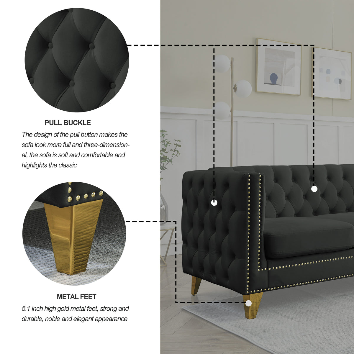 Black Atelier Velvet Tufted 3-Seater Sofa with metal legs by Anthony & Home, showcasing plush velvet upholstery and stylish design.