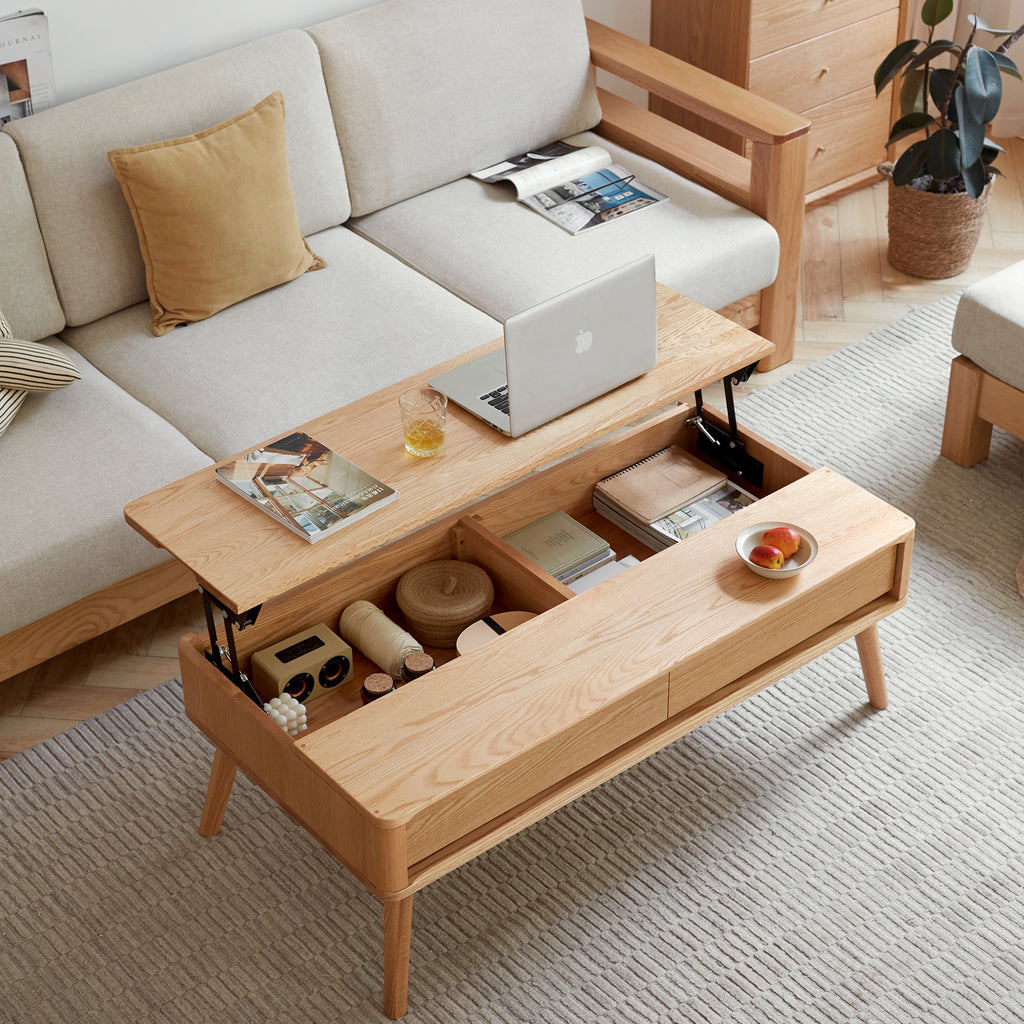 Anthony & Home solid oak coffee table with storage shelf, 39.4 inches wide by 23.6 inches deep, stylish and functional.