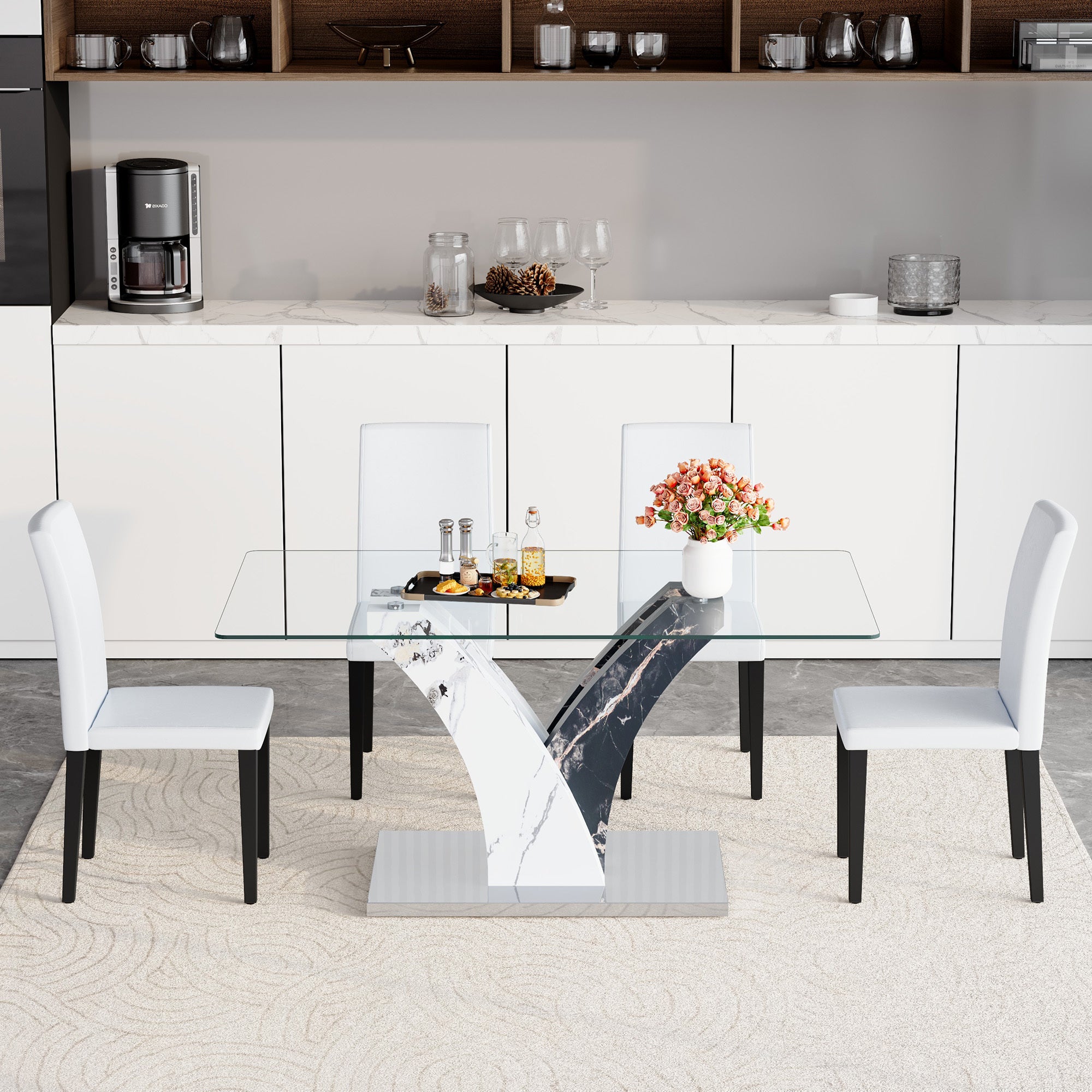 Anthony & Home tempered glass dining table with matching chairs, modern dining set for contemporary kitchens or dining rooms.