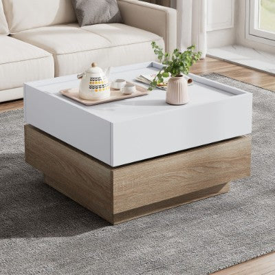Square 360 Rotating Coffee Table With 2 Drawers, Wooden 2-Tier Center Table With Swivel Tabletop And Storage, Tea Table , Oak Table Frame Side Table For Living Room
