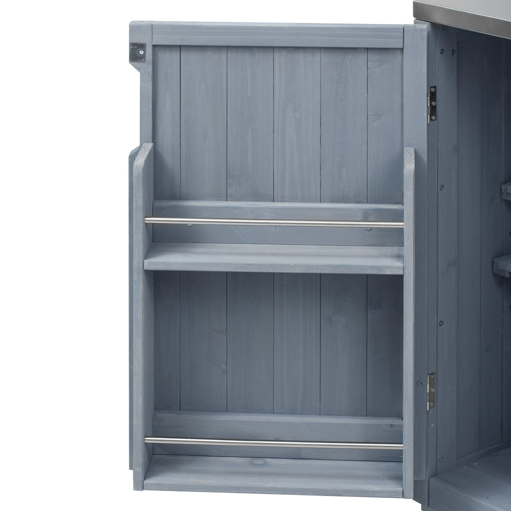 Solid wood outdoor kitchen island by Anthony & Home with storage and work surface, designed for Big Green Egg outdoor cooking station