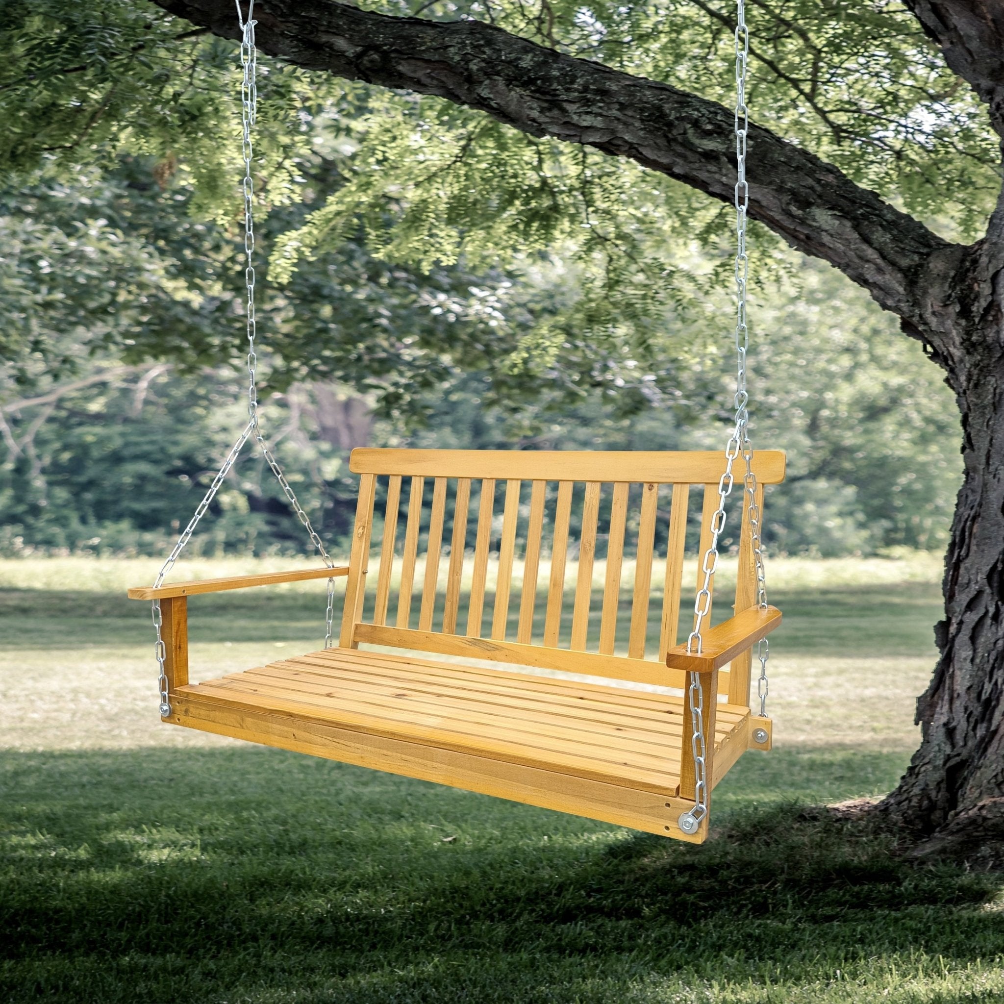 Anthony & Home teak wood porch swing with armrests and hanging chains, ideal for outdoor relaxation and porch decor.