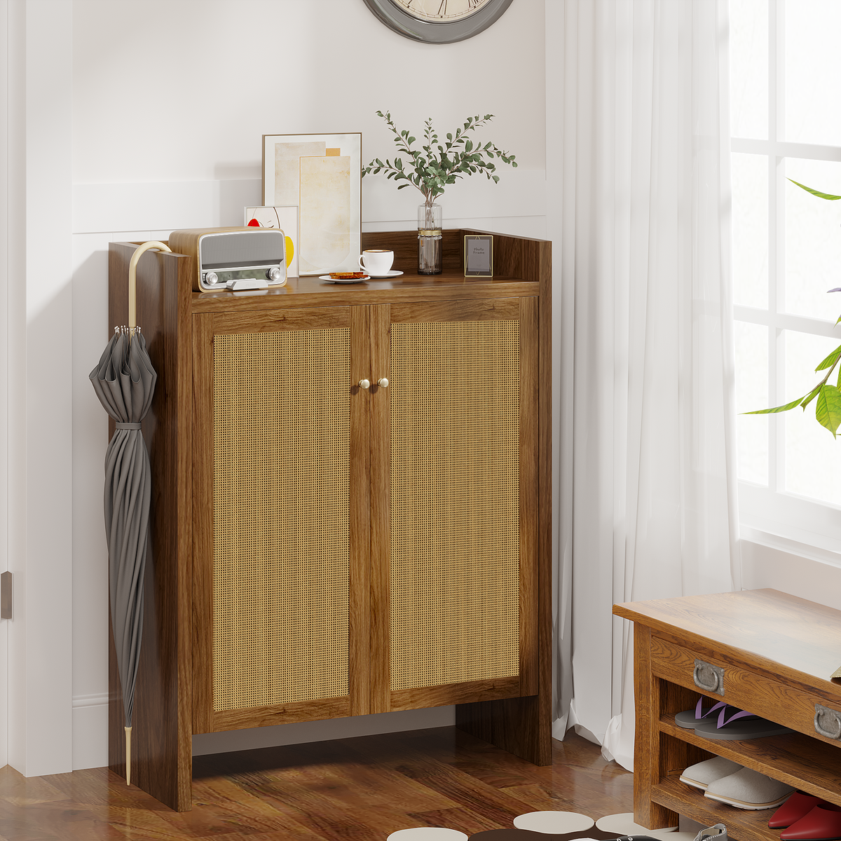 Walnut finish 6-tier Anthony & Home shoe cabinet, freestanding entryway organizer with ample storage and sleek design.