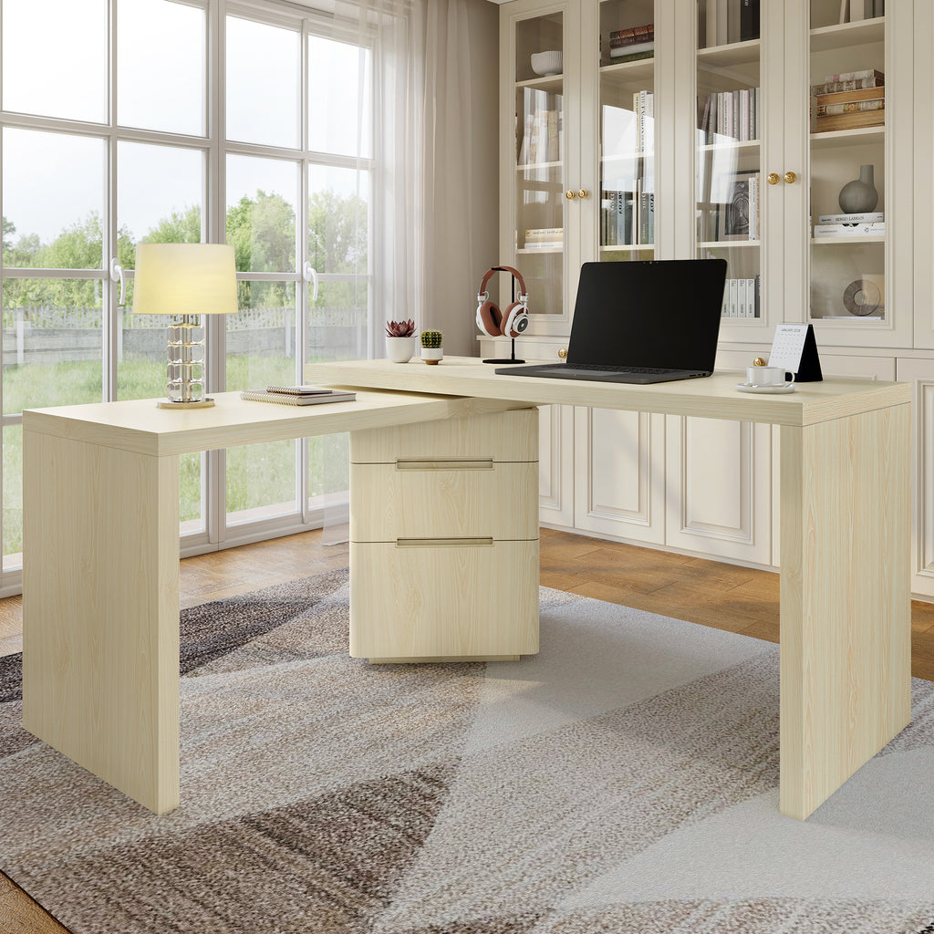 Natural wood L-shaped desk from Anthony & Home, 90-inch Atelier model with spacious workspace and elegant wood finish.