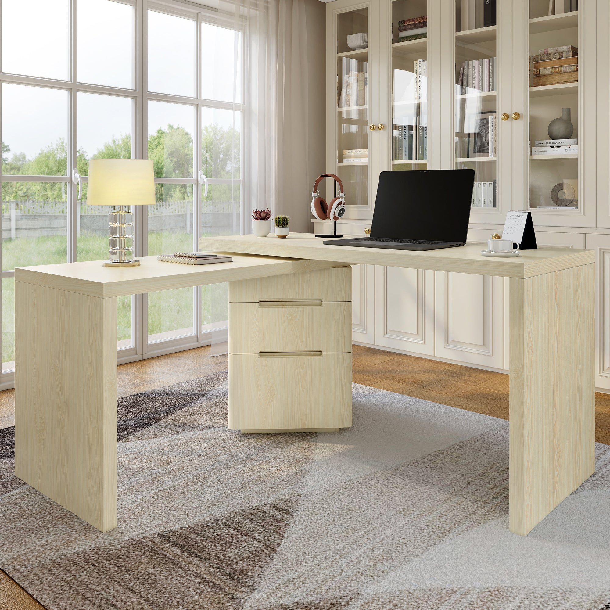 Natural wood L-shaped desk from Anthony & Home, 90-inch Atelier model with spacious workspace and elegant wood finish.