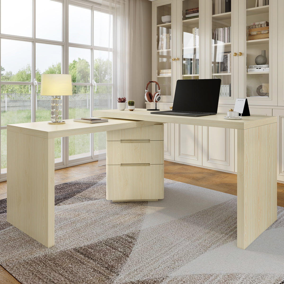 Natural wood L-shaped desk from Anthony & Home, 90-inch Atelier model with spacious workspace and elegant wood finish.