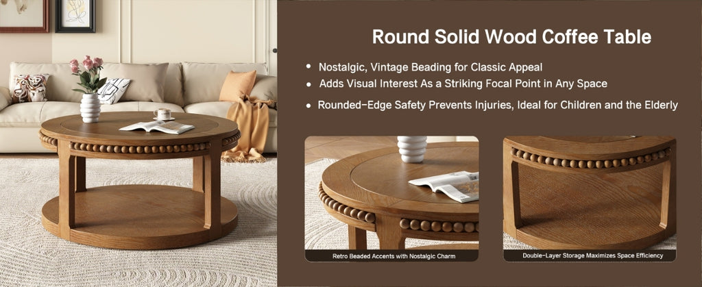 Anthony & Home Studio Walnut round coffee table with solid wood construction and two-tier design, perfect for modern living rooms.