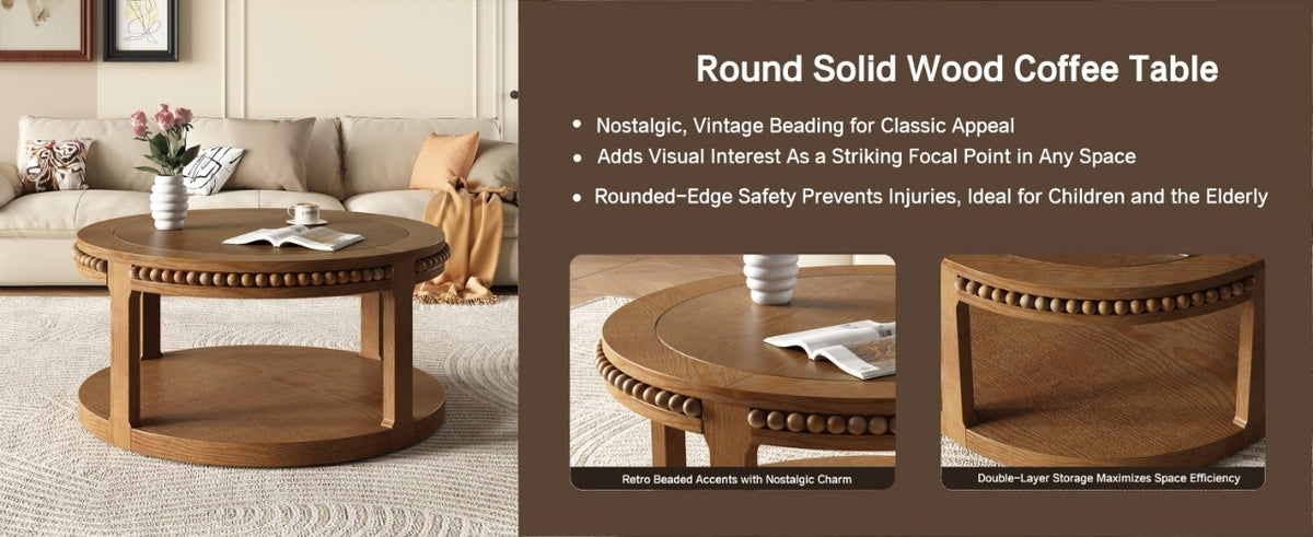 Anthony & Home Studio Walnut round coffee table with solid wood construction and two-tier design, perfect for modern living rooms.