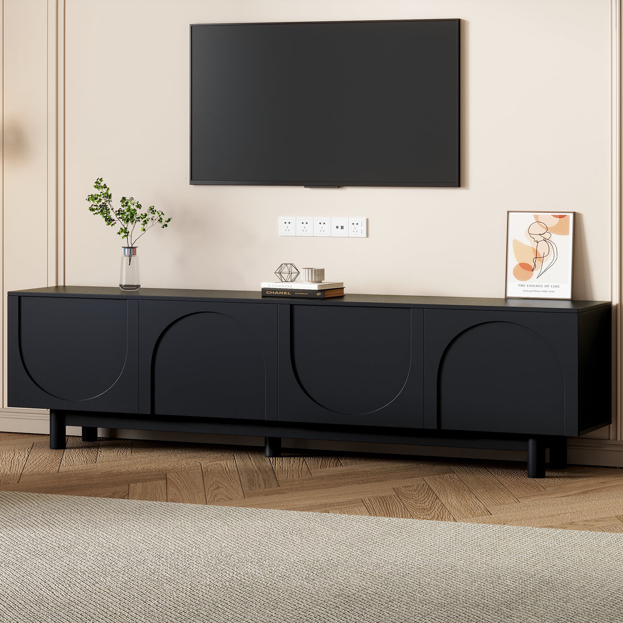 Anthony & Home solid wood leg TV stand with arch cabinet design, suitable for up to 78-inch TVs in a modern studio setting.