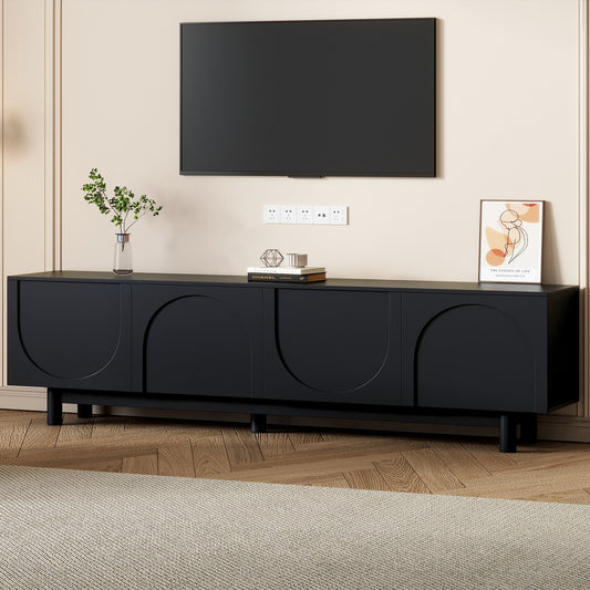 Anthony & Home solid wood leg TV stand with arch cabinet design, suitable for up to 78-inch TVs in a modern studio setting.