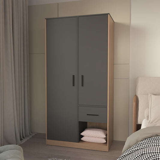 Lugoff Wardrobe Limited Edition Two Doors One Drawer Matt Grey Natural Oak Melamine