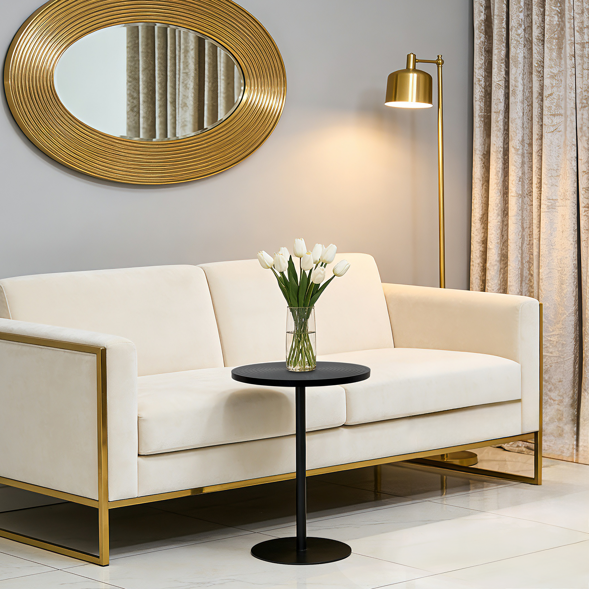Set of 2 walnut round side tables with black metal pedestal base featuring a concentric design, from Anthony & Home Atelier Collection