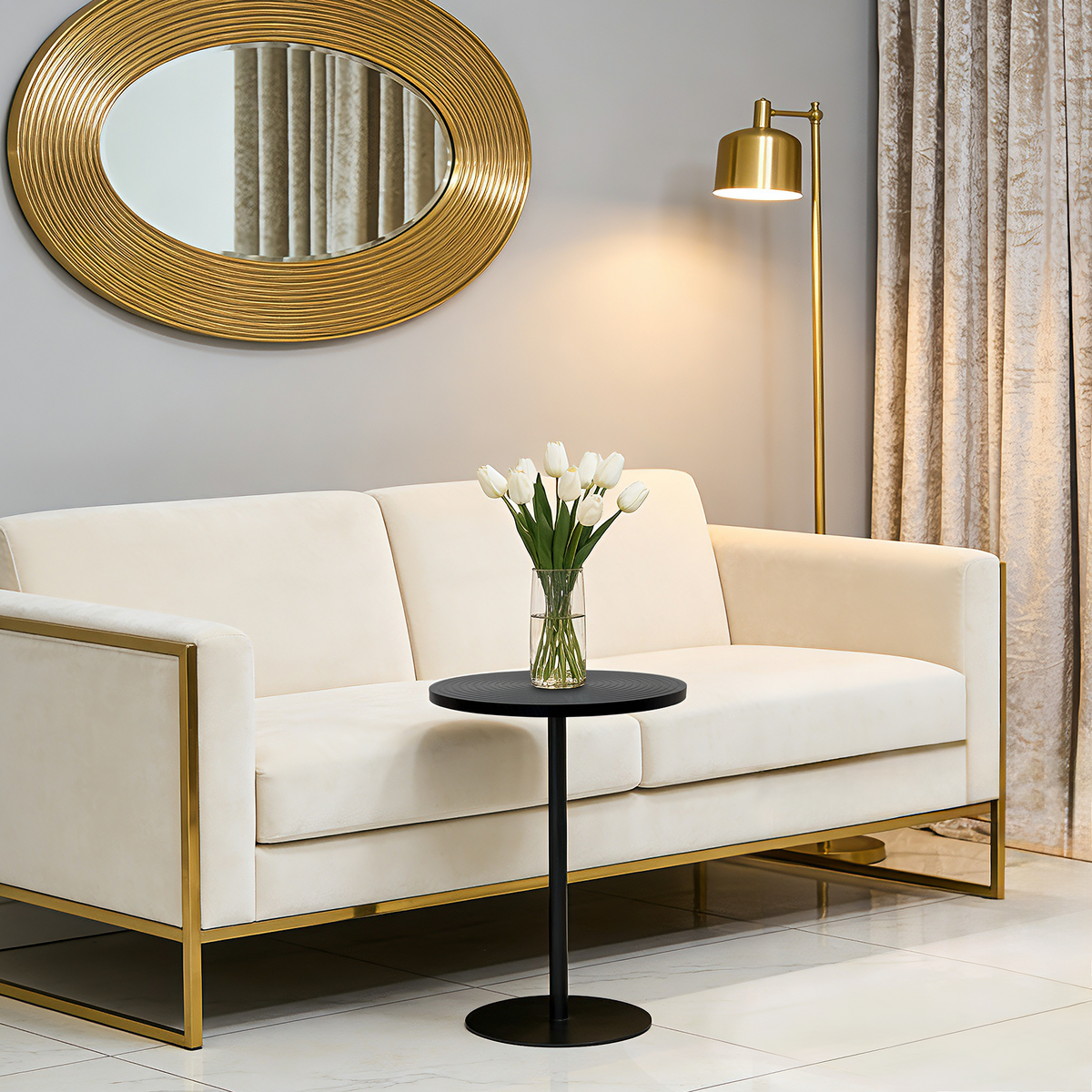Set of 2 walnut round side tables with black metal pedestal base featuring a concentric design, from Anthony & Home Atelier Collection