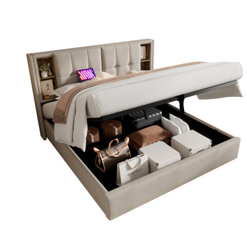 Natural Linen Bed Frame With USB Charge Port 180x200 cm