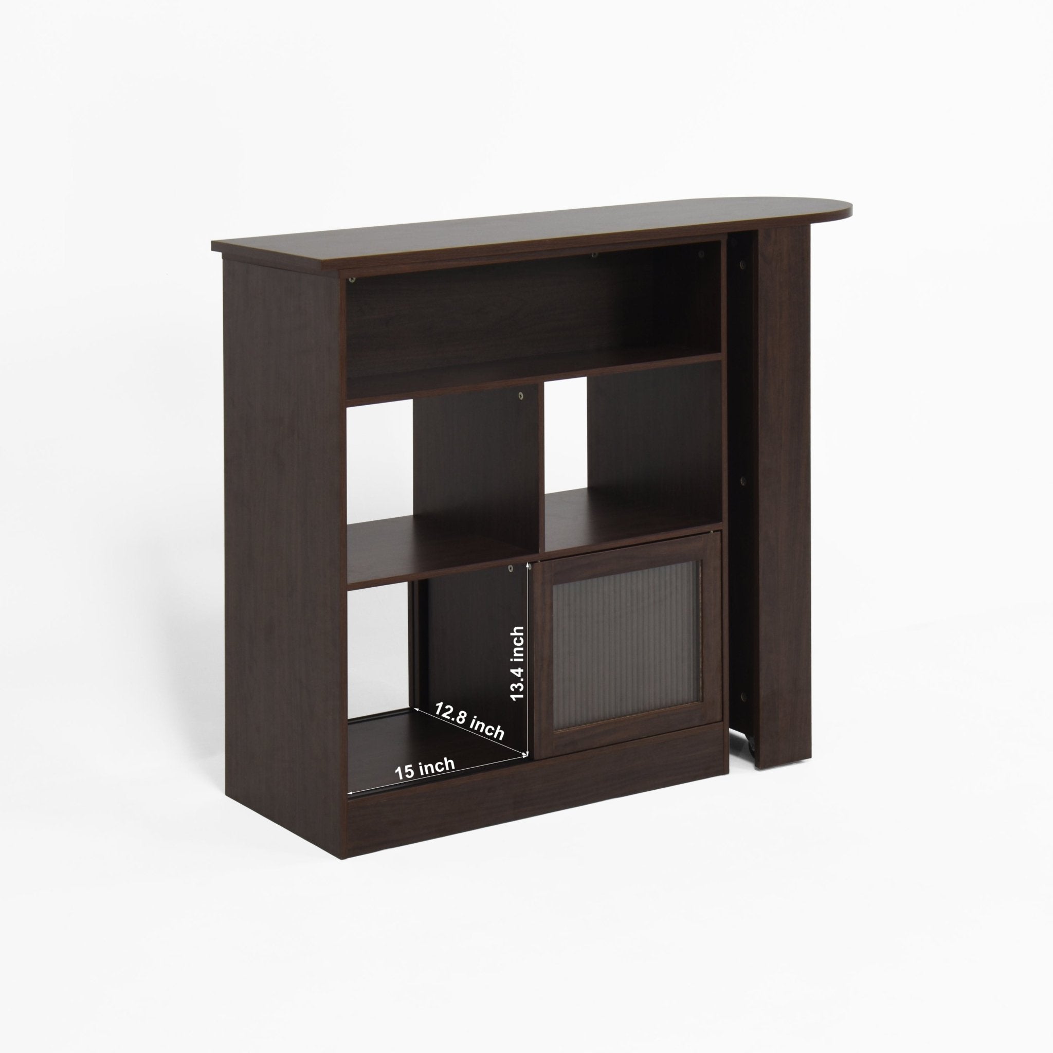 Walnut bar cabinet with rotating top, six storage compartments, ribbed glass doors, from Anthony & Home's Atelier Collection.