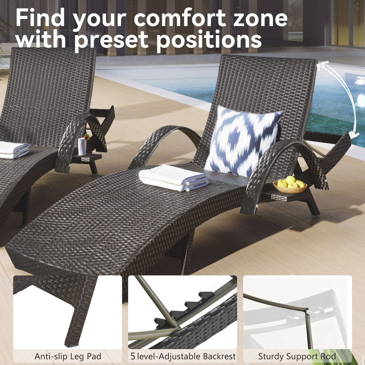 Anthony & Home K&K Signature outdoor wicker chaise lounges set with pull-out side table and 5-level adjustable backrest in dark brown.