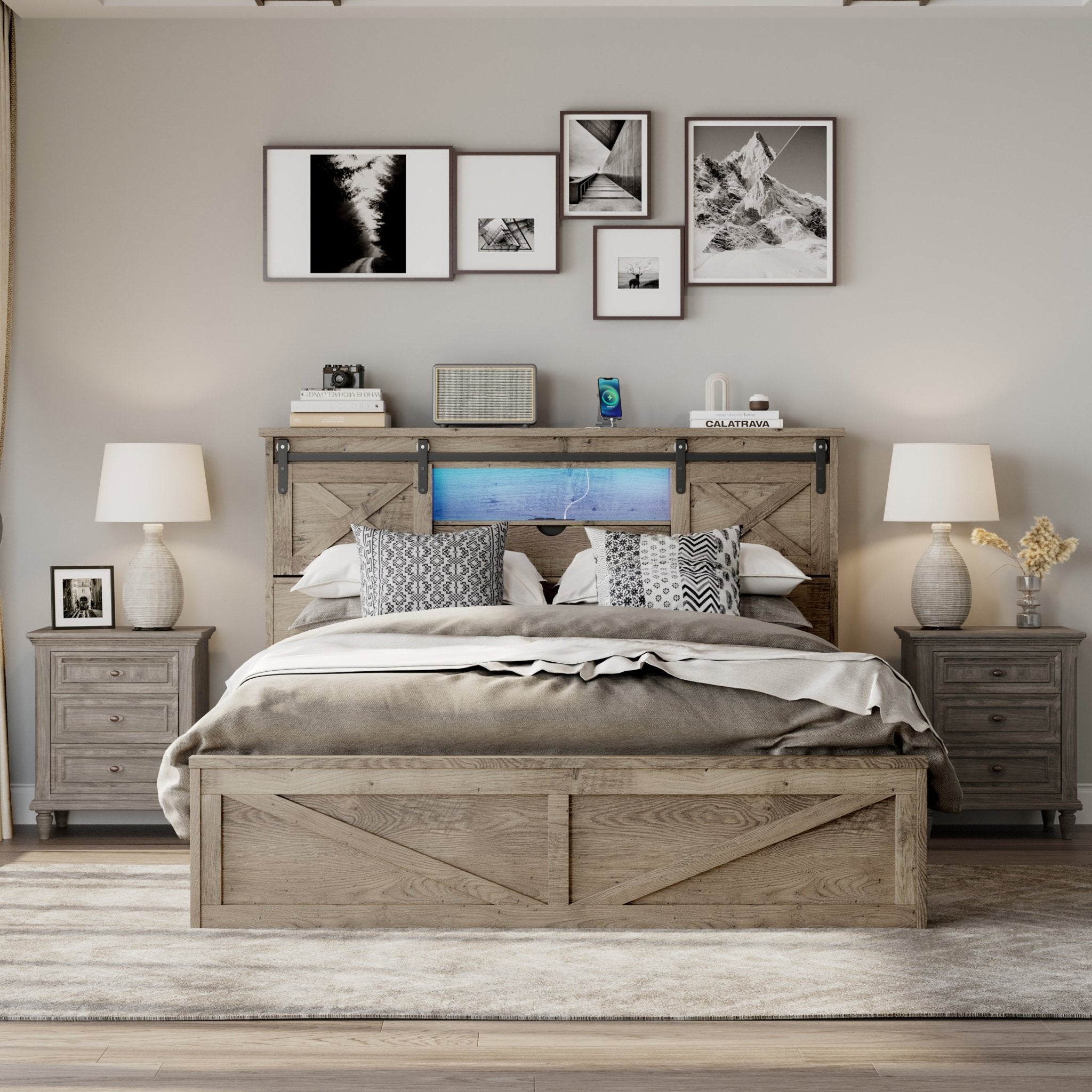 Anthony & Home farmhouse queen grey wood bed frame with LED lighting, charging station, and storage drawers in rustic style.