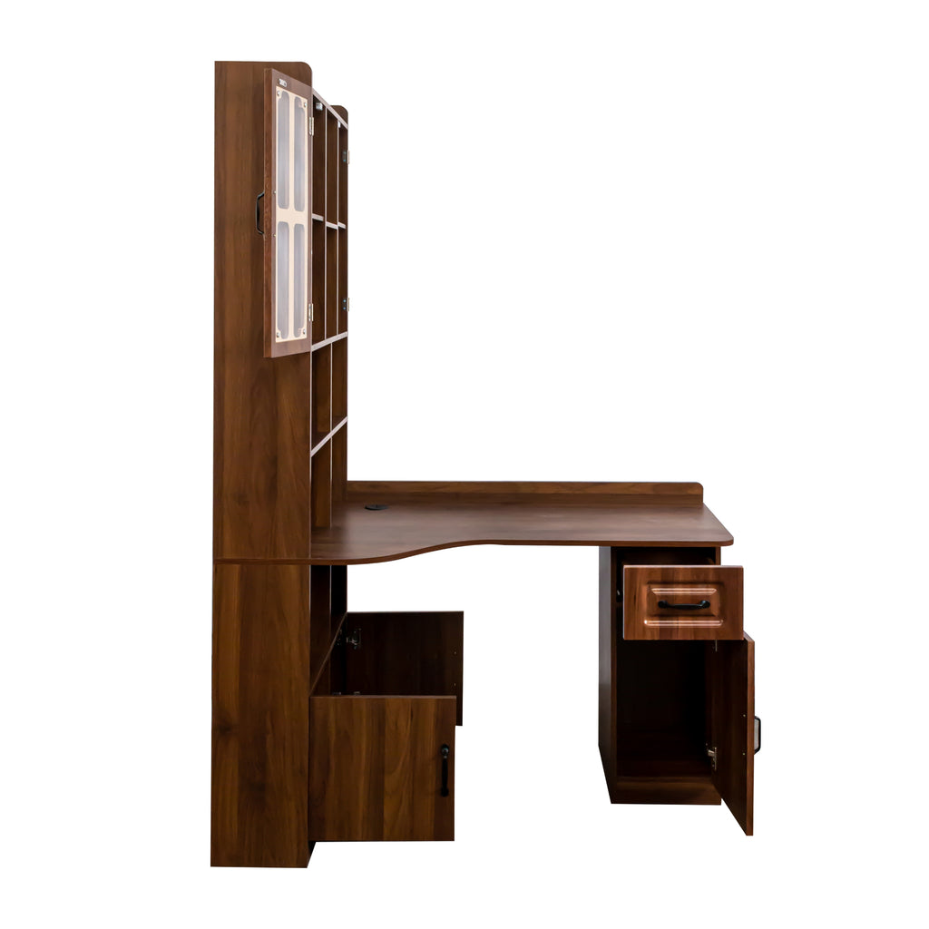 L-shaped corner desk with hutch in oak veneer from Anthony & Home, showing the workspace with storage and organizational features.