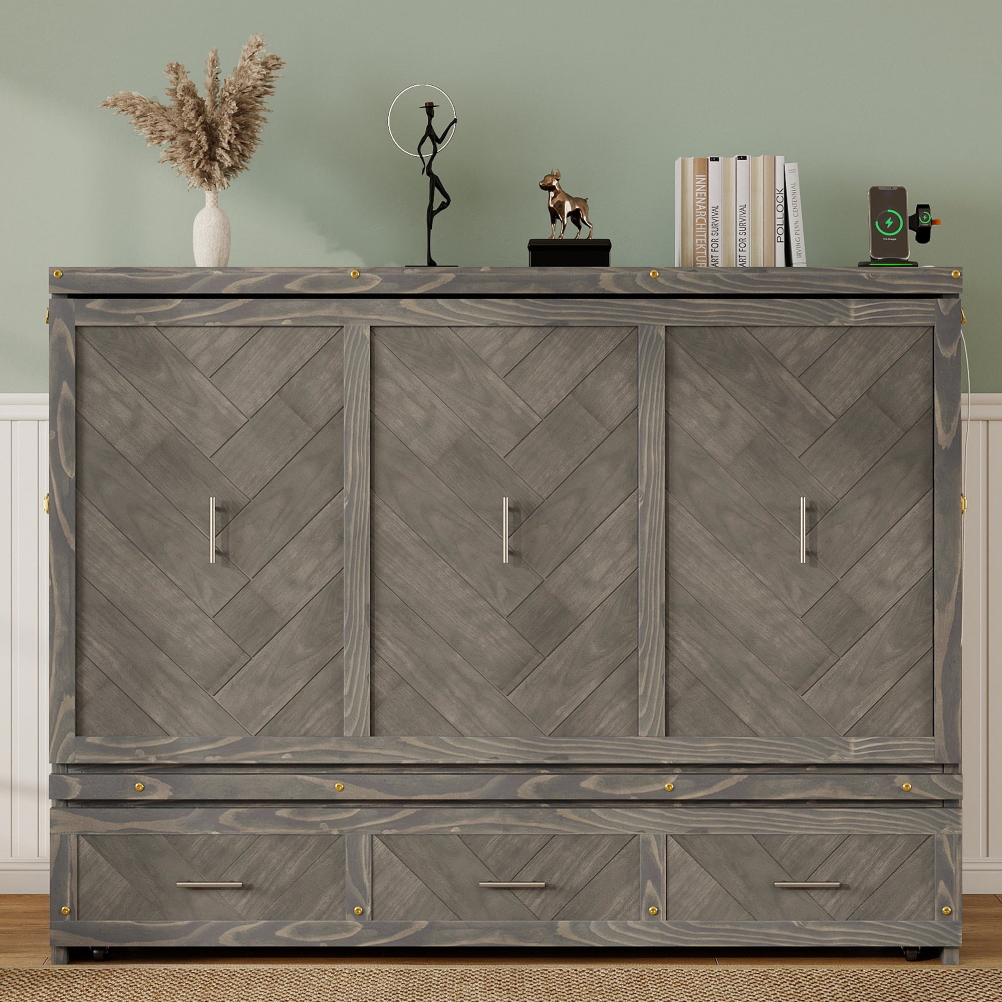 Queen Murphy bed in grey pine cabinet with geometric panel and USB charging, part of Anthony & Home Studio Collection.