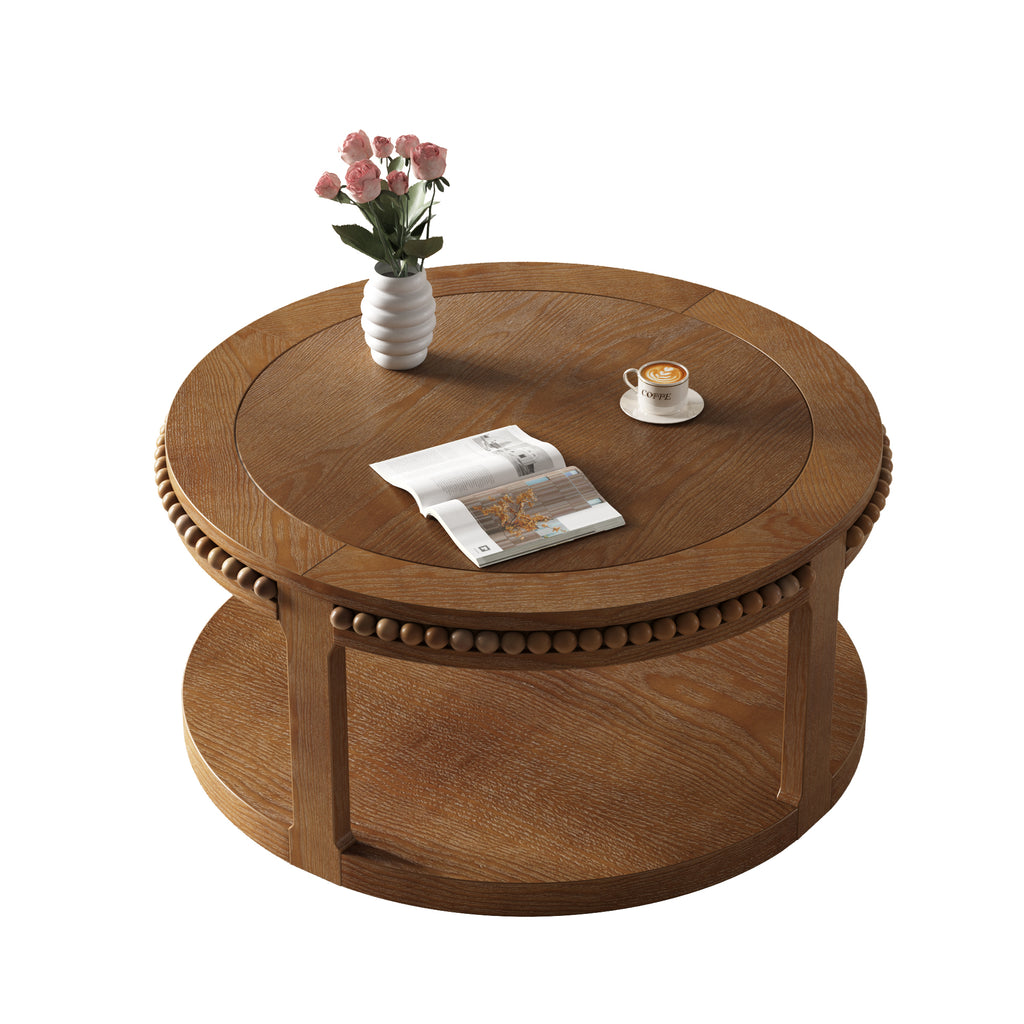 Anthony & Home Studio Walnut Round Coffee Table with two-tier solid wood design, showcasing its natural wood grain and sturdy construction.