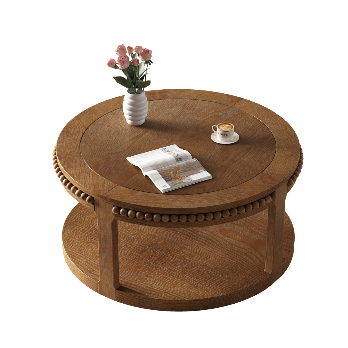 Anthony & Home Studio Walnut Round Coffee Table with two-tier solid wood design, showcasing its natural wood grain and sturdy construction.
