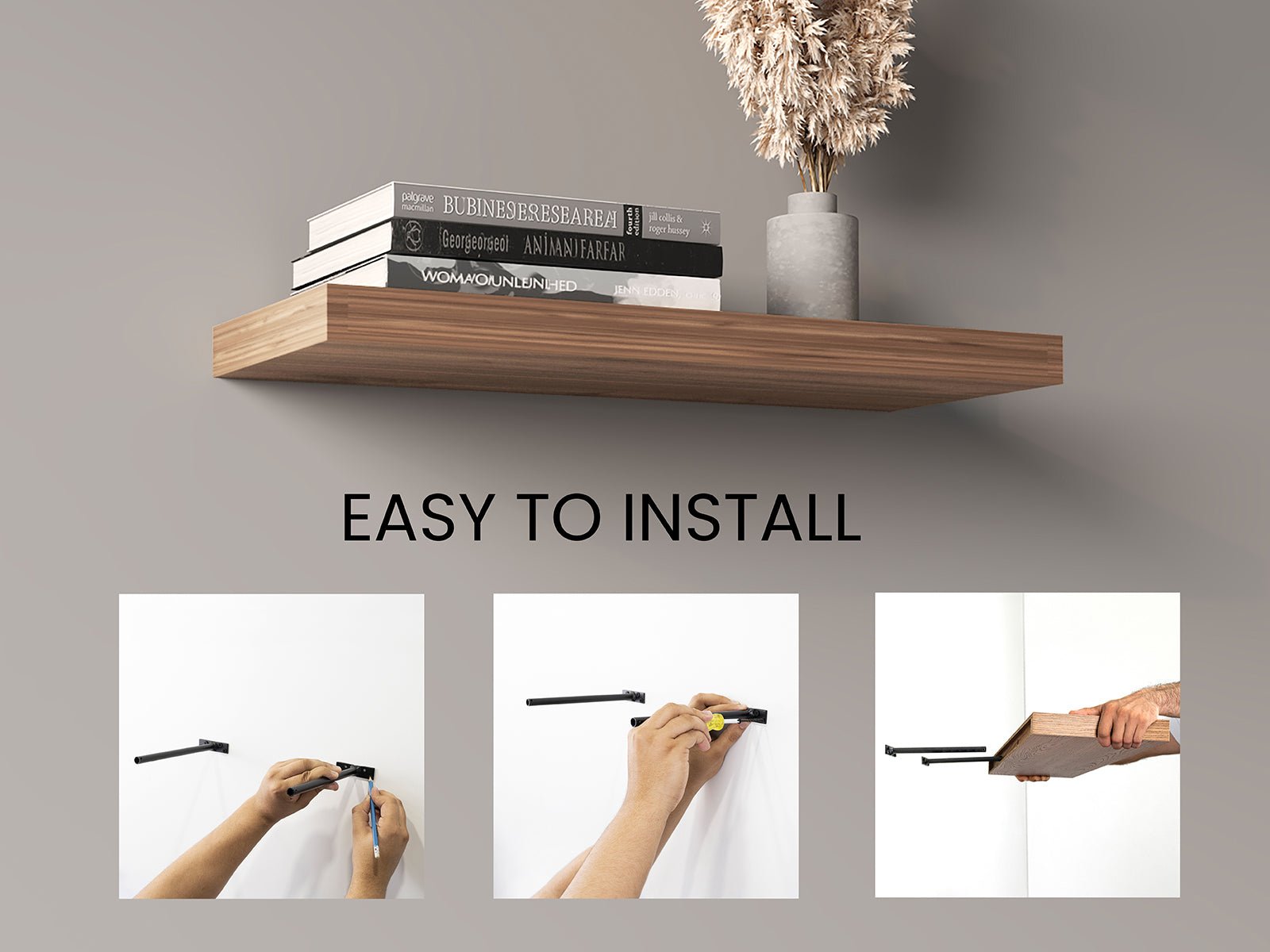 Set of two light brown matte finish floating shelves by Anthony & Home, showcasing sleek wall-mounted storage and display space.