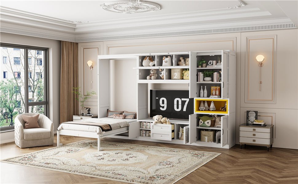 Solid wood twin Murphy bed with TV stand, white finish, two drawers, and cabinets by Anthony & Home.