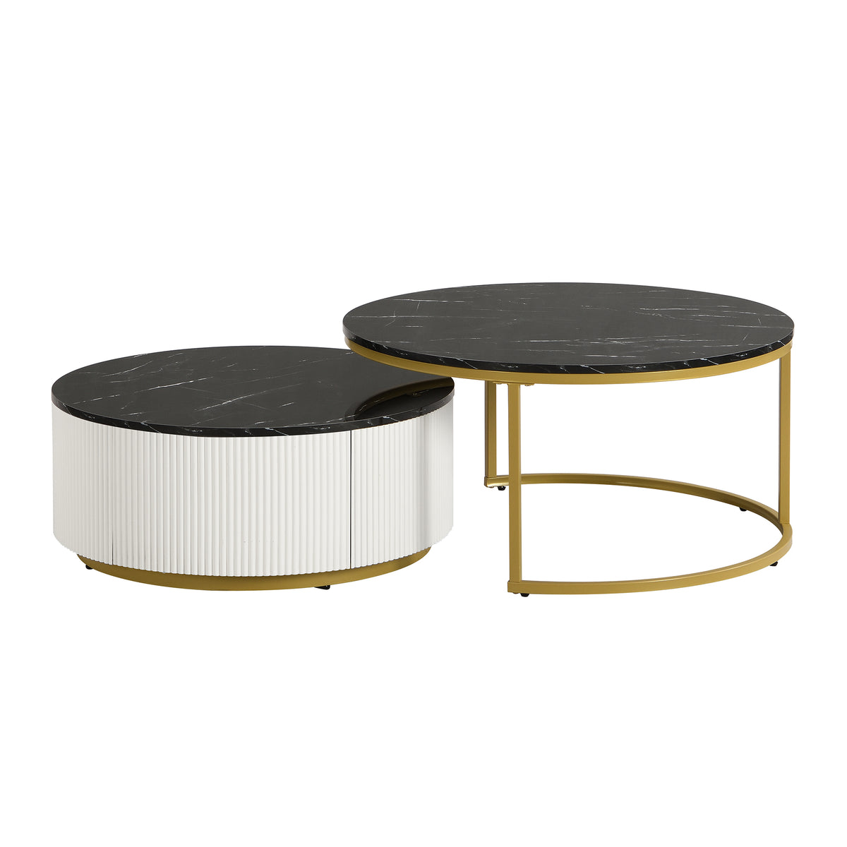 Brass round nesting coffee table with fluted design and drawer by Anthony & Home, showcasing a modern, elegant living room decor piece.