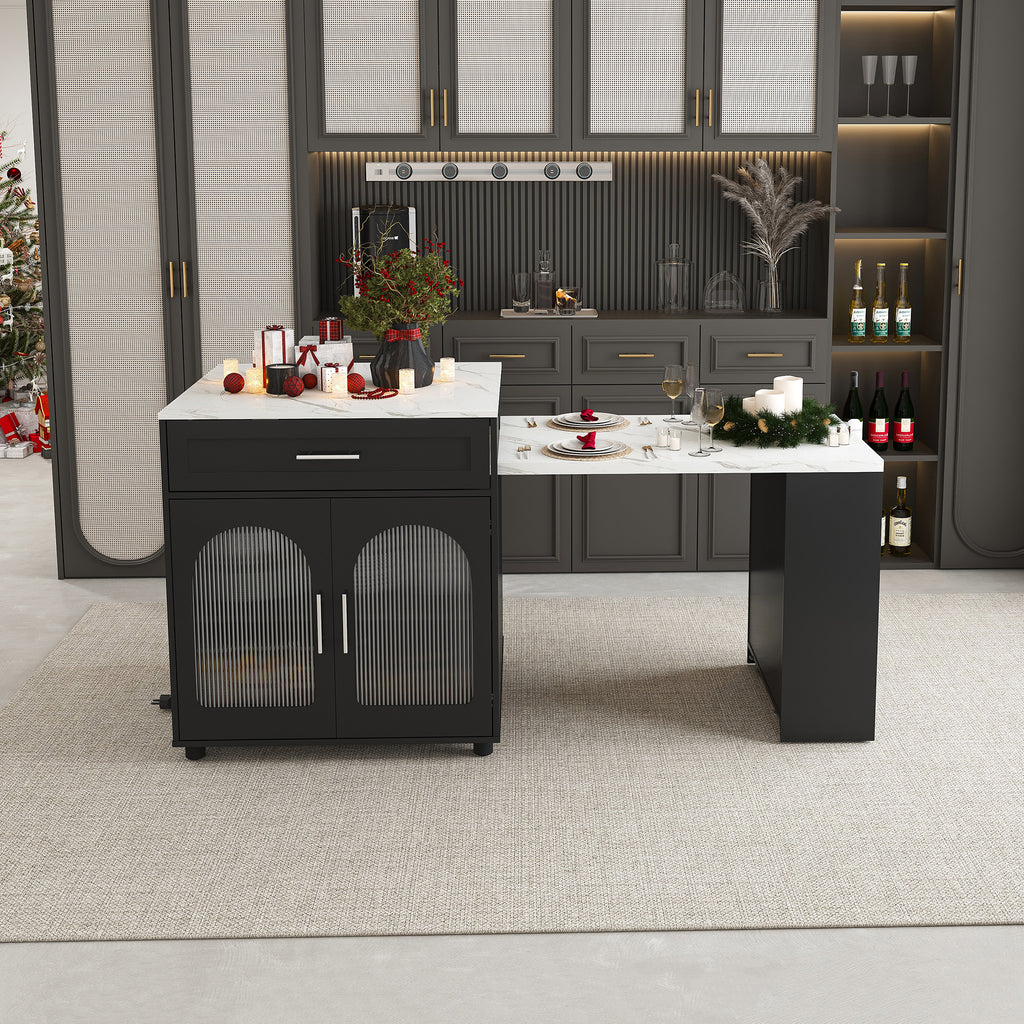 Black Expandable Kitchen Island with Marble - Grain Countertop, Power Outlet, Mobile Storage Cart with Cabinet & 2 Drawers, 80 - Inch Dining Table - Anthony & Home