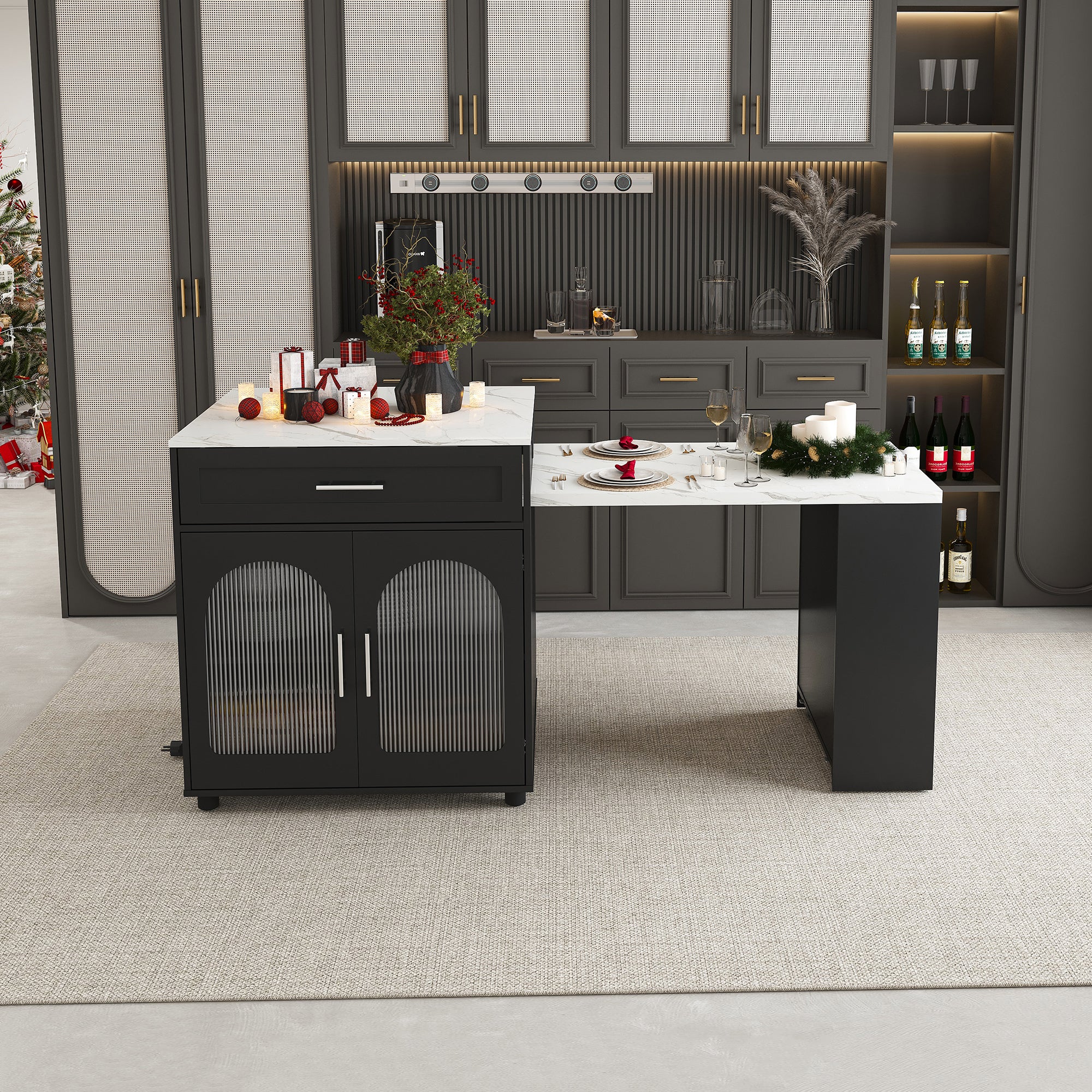 Black Expandable Kitchen Island with Marble - Grain Countertop, Power Outlet, Mobile Storage Cart with Cabinet & 2 Drawers, 80 - Inch Dining Table - Anthony & Home