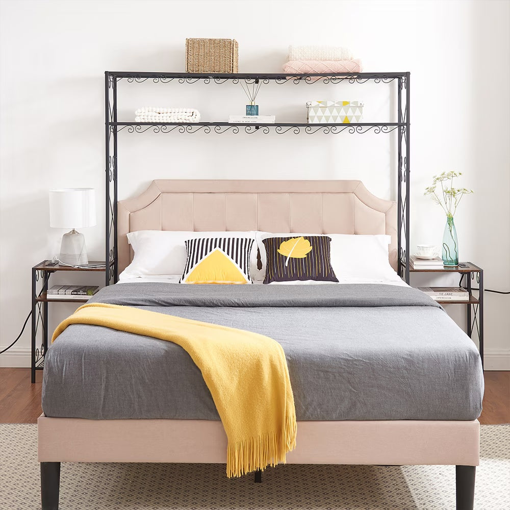 Queen Size Metal Storage Headboard With Charging Stations