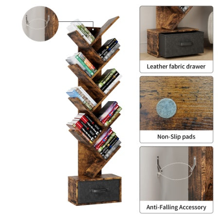 9 Tier Tree Bookshelf With Drawer Bookcase Rustic Brown