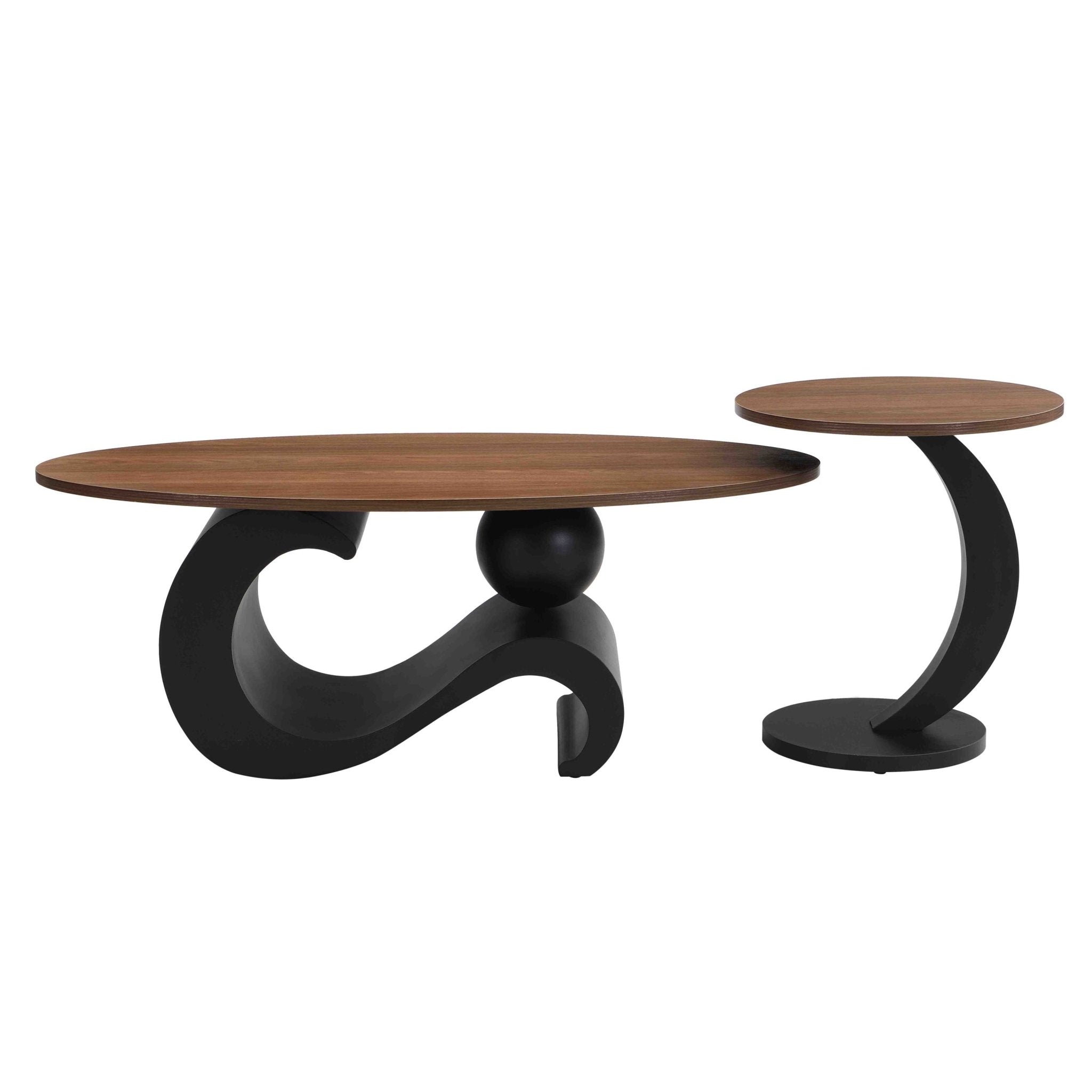 Set of black MDF nesting coffee tables with metal bases by Anthony & Home, showcasing modern design and sleek, stackable style.